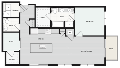Floor plan for 1 bed, 1.5 baths, 1097 sqft